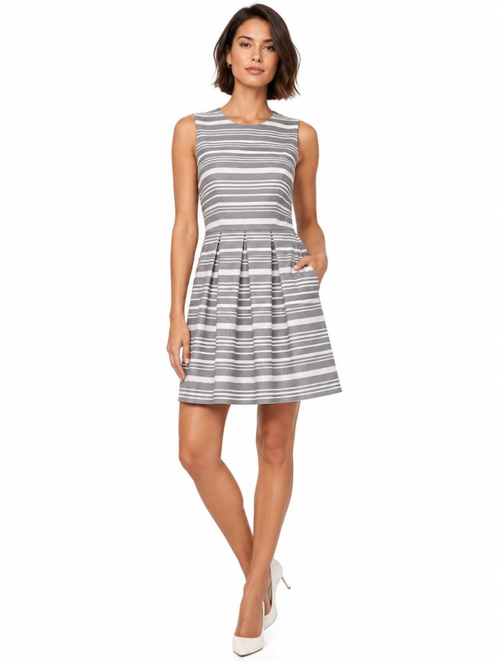 Calvin Klein Gray and White Striped Sleeveless Fit-and-Flare Dress 2